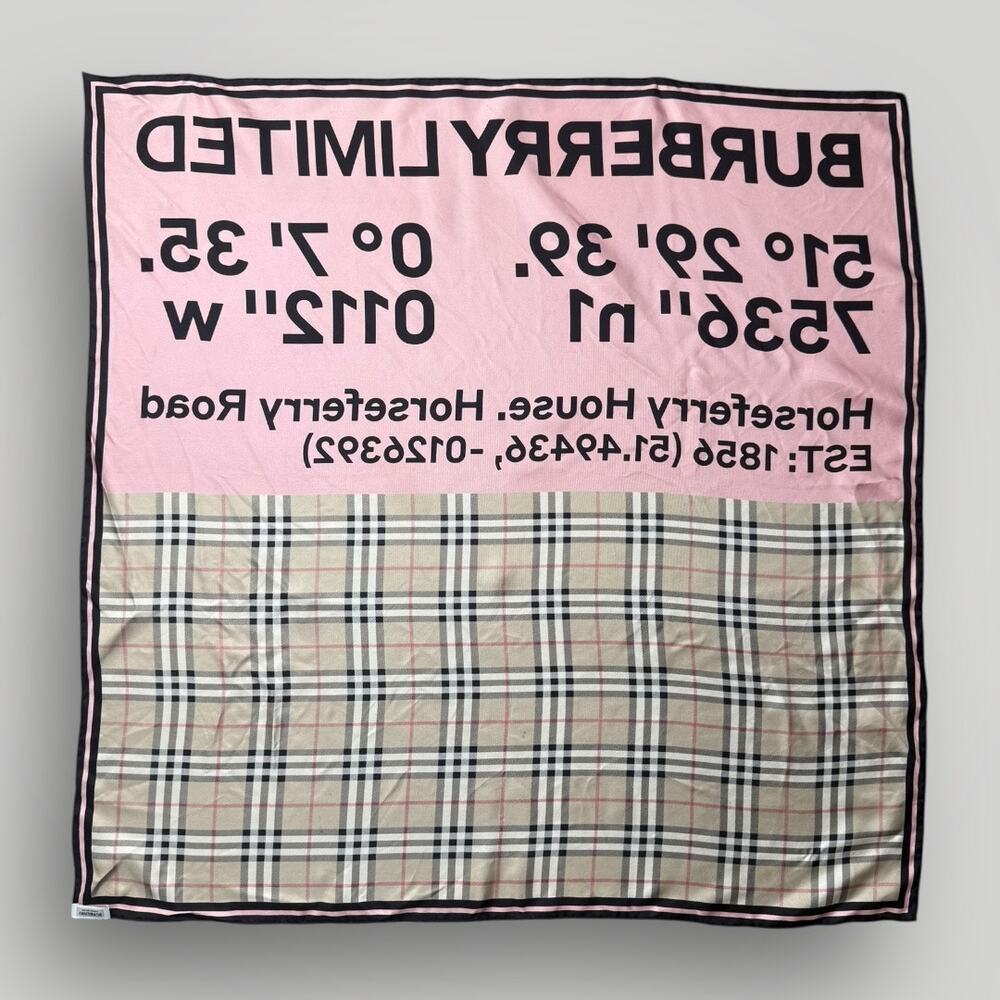 Burberry Silk Scarf 90x90 Horseferry Coordinates Logo Check Italy - Picture 2 of 11